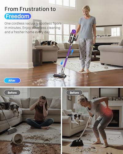 iXlion Cordless Vacuum Cleaner for Home - Powerful Stick Vacuum with HEPA Filter, 55-Min Runtime, LED Light, Anti-Tangle Brush, Detachable Battery,Lightweight Vacuum for Pet Hair,Carpets & Hard Floors
