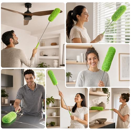 Gütewerk Extendable Microfiber Duster, 55 Inch - Feather Dusters for Cleaning Ceiling Fans, Blinds, Baseboards & High Ceilings - Washable, Electrostatic, 360° Bendable Head, Stainless Steel Pole