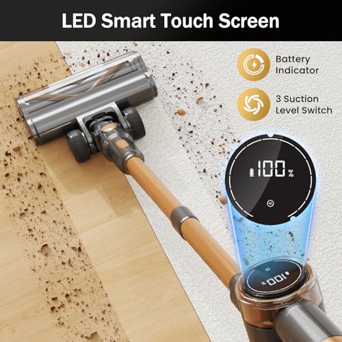 NuYupo Cordless Vacuum Cleaner, 10-in-1 Lightweight Stick Vacuum with 45mins Runtime, Powerful Suction, LED Touch Screen, Rechargeable Vacuum Cleaners for Home Hardwood Floor Carpet Pet Hair (Gold)