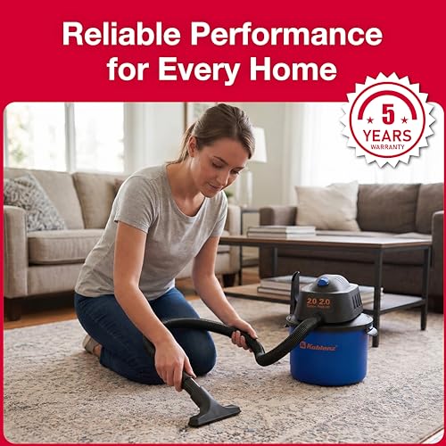 Koblenz Wet Dry Vacuum Cleaner, 2 Gallon 2.0 PHP, 60 CFM, 10 ft Reach, Twist-N-Lock Hose, Small Shop Vac, Portable Shop Vac for Home Car Garage Workshop, Accessories Included, Blue/Black, WD-2L