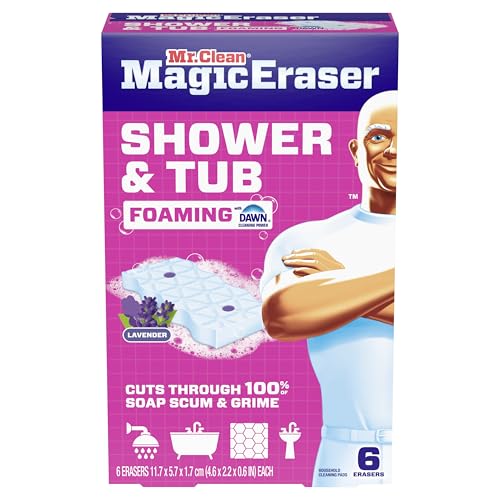 Mr. Clean Magic Eraser Sponge, Bathroom, Shower, Tub Cleaner, Soap Scum Remover, Bathroom Cleaning Supplies, Dawn Cleaning Power with Lavender Scent, Shower & Tub, 6ct