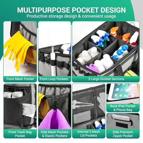 THKW Large Rolling Cleaning Caddy Bag w/Detachable Trolley & Lid - Portable Cleaning Cart on Wheels w/Shoulder Strap & Waist Pouch - Cleaning Supplies & Tool Organizer for Home, Office, Car (Gray)