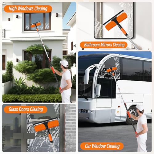 26FT High Window Cleaning Kit with Pole,2 in 1 Window Squeegee,5-20FT Professional Window Clean Pole Kit(2 Squeegee & 2 Microfibre Cloths),180°Rotatable Squeegee for Indoor/Outdoor High Windows