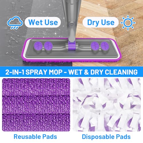 IOPRETTY Spray Mops for Floor Cleaning - Wet Dry Mops with 2 Washable + 2 Disposable Pads for Swiffer Powermop - Refillable Bottle for Hardwood Tile Home Kitchen - Absorbs Pet Hair Dust Stains