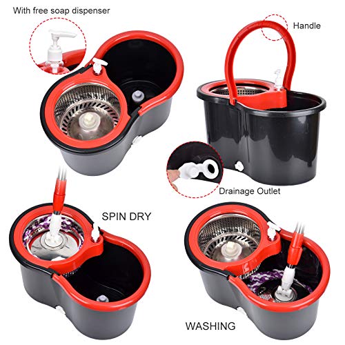 Mop and Bucket Set, 360° Spin Mop and Bucket with Wringer Set and 3 Microfiber Mop Refills, Stainless Steel 61" Extended Handle Spinning Mop Bucket System for Floor Cleaning