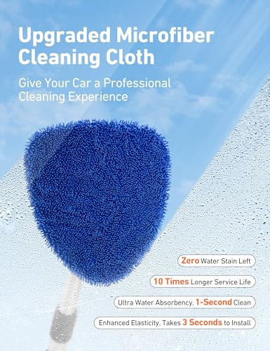 AstroAI 21" Windshield Cleaner Tool, Car Interior Detailing Cleaning Kit with Extendable Handle and 4 Upgraded High-Density Reusable Microfiber Pads, Auto Glass Wiper Brush Kit for Cars, Blue