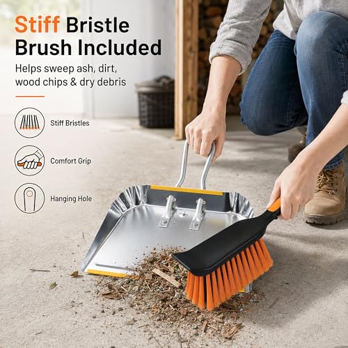 PHYEX 17" Heavy Duty Metal Dust Pan with Brush Set, Large Wide Mouth Dustpan with Stiff Bristle Cleaning Brush for Garage, Yard, Fireplace Ash, Wood Stove, Workshop and Outdoor Cleanup, Silver