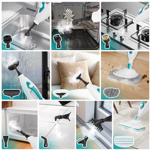10-in-1 Steam Mop, 1550W Detachable Handheld Steam Cleaner with 350ML Tank for Floor Cleaning, 16FT Power Cable, 2 Washable Pads, Multi-Purpose Steamer for Hardwood, Carpet, Tile, Windows,Cyan