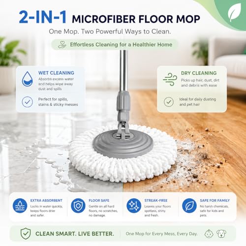 2026 Upgraded Gen 2 Spin Mop and Bucket Set with 4 Swivel Wheels for Easy Rolling, Separates Clean & Dirty Water, Floor Mop with 6 Washable Mop Heads for Wood, Tile, Vinyl, Baseboards - Grey/Blue