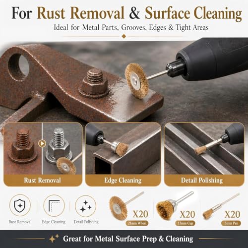 PHYHOO Brass Wire Brushes Cup Wheels Polish Cleaning Brush Kit Polishing Attachment Die Grinder Rotary Tools Accessories 3 MM Mandrel 60 Pieces
