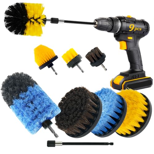 TOWBRUS 9 Pcs Drill Brush Attachments Set Fluffy Soft and Hard Bristles Horsehair Brush Cleaning Kit for Home Bathroom Car Kitchen Corners Sink Stubborn Stains Tiles