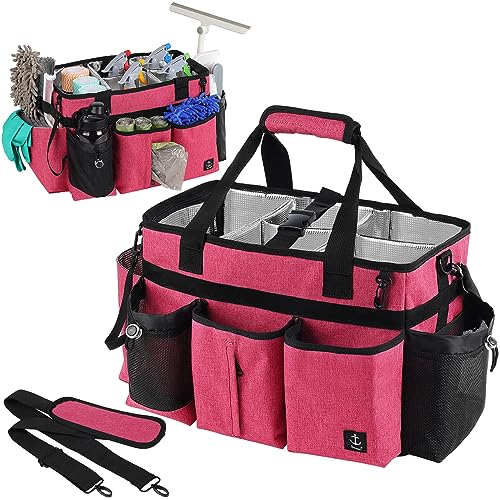 Timoxi Large Cleaning Caddy Bag Built-in Sturdy Support Board, Cleaning Organizer with Detachable Divider, Cleaning Supply Tote with Adjustable Shoulder Strap&Waist Belt for Cleaners & Housekeeper