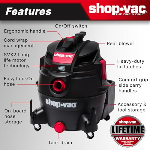 Shop-Vac 5801611 Wet Dry Vac with SVX2 Motor Technology, 16 Gallon, 2-1/2 Inch x 8 Foot Lock-On Hose, 150 CFM, (1-Pack) , Black
