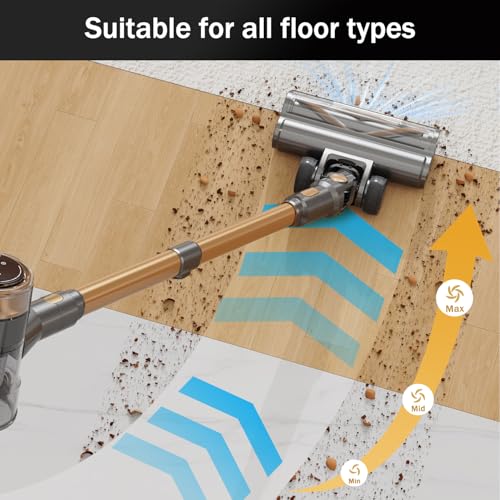 NuYupo Cordless Vacuum Cleaner, 10-in-1 Lightweight Stick Vacuum with 45mins Runtime, Powerful Suction, LED Touch Screen, Rechargeable Vacuum Cleaners for Home Hardwood Floor Carpet Pet Hair (Gold)