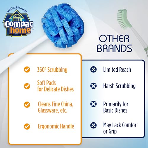 COMPAC HOME Dish Wand Kitchen Sponge | Effectively Clean China Dishes and Glassware | Unique Round Ball Shaped All-Around Cleaning Sponge | Gentle Flexible Brushes for Your Nice Dishes, 6 Count