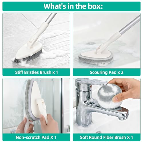 Qaestfy 4-in-1 Tub and Tile Shower Scrubber, 51'' Bathtub Cleaning Brush with Long Handle, Soft & Stiff Bristles Bathroom Scrub Brush, Non-Scratch Shower Cleaner Brush for Cleaning
