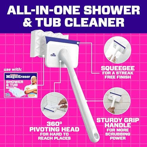 Mr. Clean Magic Eraser Shower & Tub Scrubber, Bathroom Cleaner, All in One Bathroom Cleaner, Lemon Starter Kit, 2 Scrubber, 5 Foaming Magic Erasers, 1 Whole Home Extra Durable Magic Eraser