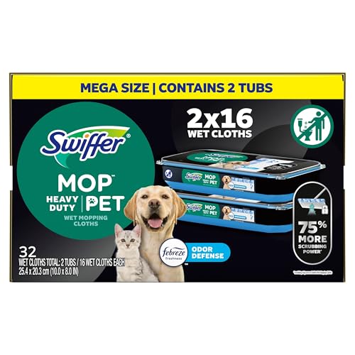 Swiffer Heavy Duty Mop Wet Multi-Surface Cloth Refills for Floor Mopping and Cleaning, Pet with Febreze Odor Defense, 32 count