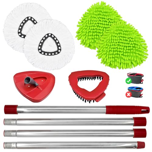 Hezane 4 Pack Replacement Mop Heads& Handle Scrub Brush and Base Combo Set Compatible with Ocedar Spin Mops Refills，30-58" Mop Handle and Microfiber Head Refills for Cleaning