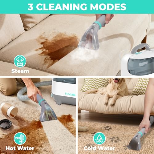 HAUSHOF Steam Portable Carpet and Upholstery Cleaner Machine, Instant Heating Portable Carpet Cleaner with Steam & HotWater & Cold Water System, Steam Cleaner for Carpets, Cars, Furniture, Couch