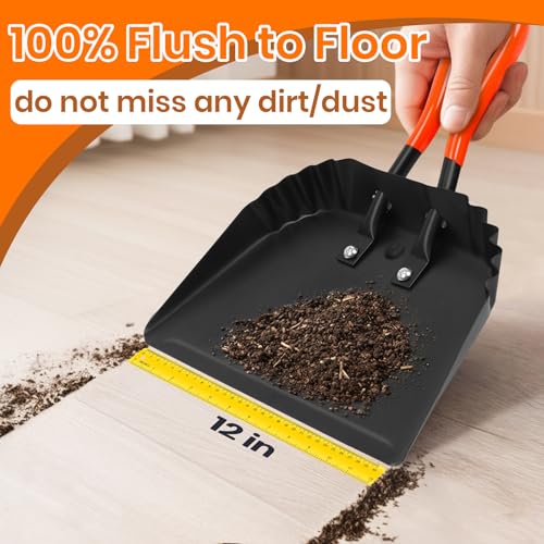 (2PK) Metal Dust Pans Heavy Duty, 12” Outdoor Dustpan with Rubber Handheld Handle, Large Shovel Wide Scoopers for Garage Shop Fireplace Commercial Uses