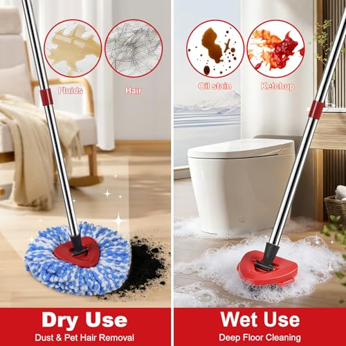 Spin Mop Replacement Head Set for O Ceda Mop RinseClean 2-Tank System, 3 Pack Mops Heads Replacements + Scrub Brush + 30-58" Handle & Base, Microfiber Mops Head Floor Mop Refill Kit