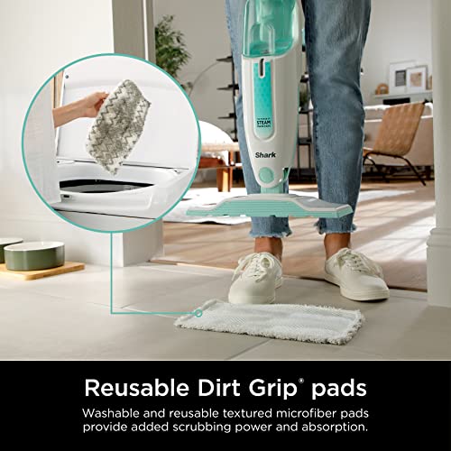 Shark Steam Mop with 2 Machine Washable Dirt Grip Pads, Removable Water Tank, Lightweight, Steam Cleaner for sealed Hard Floors, Marble, Stone, Hardwood, Tile, Laminate, White/Seafoam, S1000