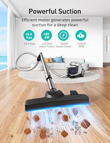 Aspiron Canister Vacuum, Upgraded 1600W Bagless Canister Vacuum Cleaner, Auto Cord Rewind, H13 HEPA Filter, 4Qt Large Capacity, 5 Tools for Hard Floors, Carpet, Pet, Upholstery, Tiles, Purple