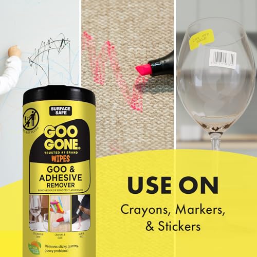 Goo Gone Clean Up Wipes Adhesive Remover - 24 Count - Removes Adhesive Residue Labels Stickers Crayon Tree Sap Gum Masking Tape Glue and More