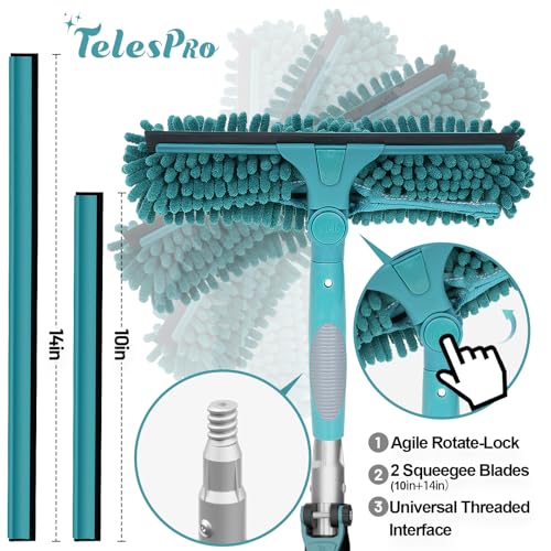 TelesPro 20 Feet High Reach Window Squeegee with 5-12Ft Extension Pole, Window Cleaner Tool with 3-Stage Telescoping Pole, Window Cleaning Kit with Rotatable Head (2 Squeegee & 2 Microfibre Cloths)