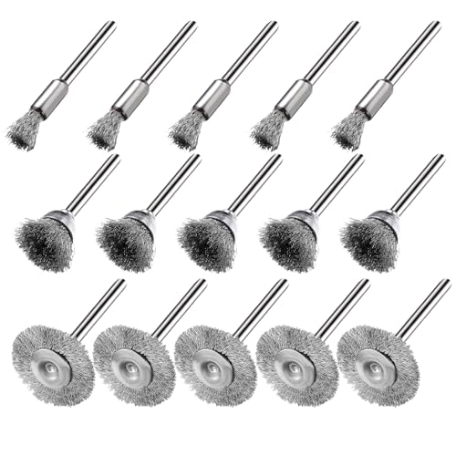 EASYIKI 15 Pieces Stainless Steel Wire Brushes, Wire Brush Wheel, Steel Wire Polishing Wheel Kits for Dremel Rotary Tools (1/8 Inch Mandrel)