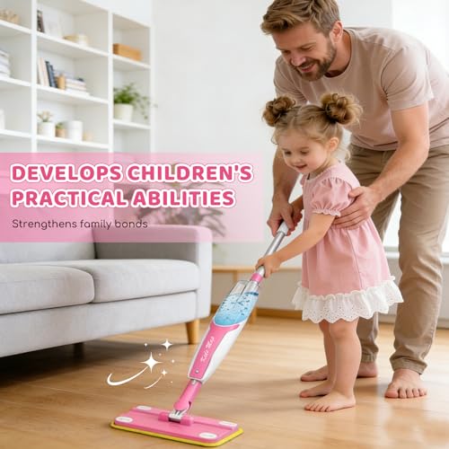 Bluocean Kids Spray Mop - 30 Inch, 420ml Large Water Tank, Effective Cleaning Tool & Fun Montessori Toy, Pretend Play Housekeeping Set Toddlers Love (Magenta)