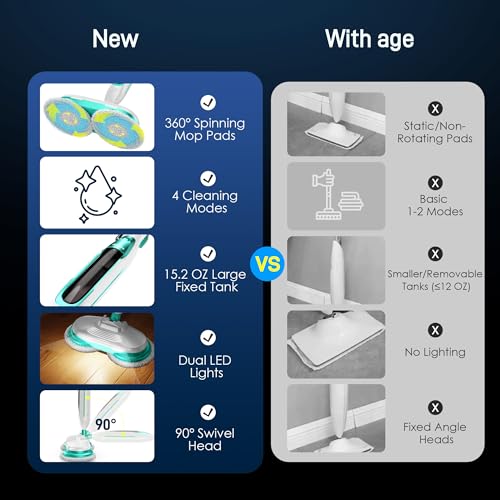 Angtra Scrubbing Steam Mop with Rotating Mop Pads, All-in-One Hard Floor Cleaner with LED Headlights, Steam & Spin Control, 6 Soft Scrub Pads, Swivel Steering, FS07