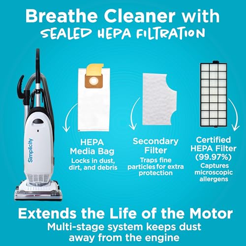 Simplicity Vacuums Allergy Bagged Vacuum Cleaners for Home, Carpet, Rugs, and Hardwood, Multi Surface Upright Vacuum Cleaner with Certified HEPA Vacuum, Pet Vacuum, S20EZM