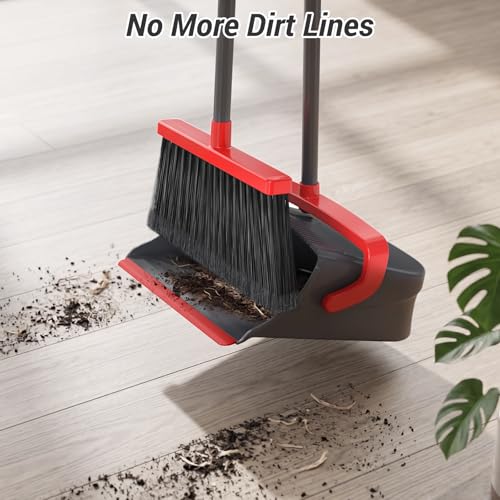 Zeawec Broom with Dustpan Combo Set, Long Handle Upright Standing Self-Cleaning Broom and Dustpan Set for Pet Hair & Dust Cleanup, Indoor Outdoor Use for Home, Kitchen, Office, Red & Gray