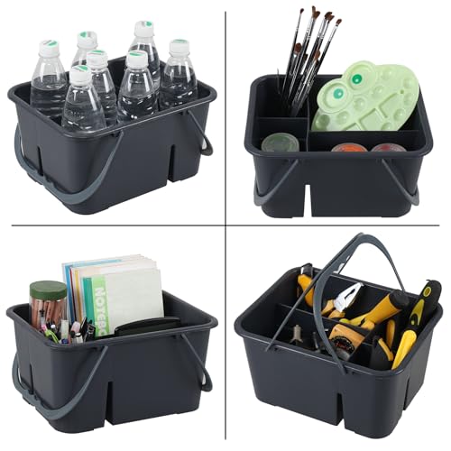 Fiazony Plastic Divided Caddy Organizer with Handle, 4-Compartment Plastic Cleaning Caddy, Drak Gray, F