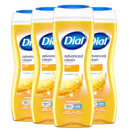 Dial Body Wash, Hydraclean Complex & Vitamin E, Gentle, Leaves Skin Feeling Nourished, Dermatologist-Tested, No Parabens & Sulfates, Advanced Clean, Gold, 16 Fl Oz, (Pack of 4)
