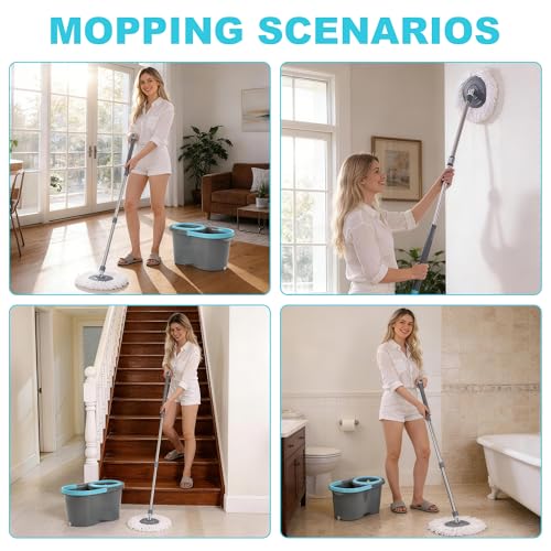 JOYMOOP Spin Mop and Bucket, 360° Mop Head & Telescopic Handle, Wet and Dry Use, 4 Reusable Microfiber Refills, Hands-Free Cleaning for Hardwood, Tile, Laminate Floors & Walls