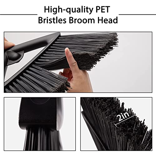 Eyliden Commercial Angle Broom and Dustpan Combo, with Long Handle and Lid, Lobby Dust Pan Sweep Set for Outdoor Garages Courtyard Sidewalks Decks Indoor Home Kitchen Room Office (Black Broom+Dustpan)