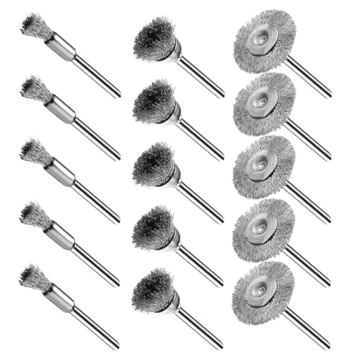 EASYIKI 15 Pieces Stainless Steel Wire Brushes, Wire Brush Wheel, Steel Wire Polishing Wheel Kits for Dremel Rotary Tools (1/8 Inch Mandrel)