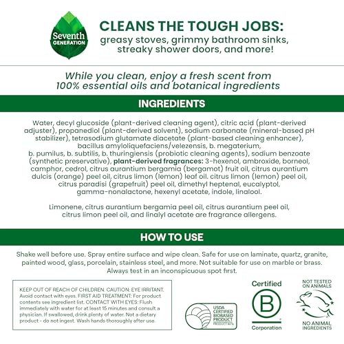 Seventh Generation Ultra Deep Probiotic Multi Surface Cleaner, 9.4 Fl Oz, Grapefruit & Orange, 80% USDA Biobased All Purpose Cleaning Spray, Breaks Down Tough Grease & Grime, Safe for Kids & Pets