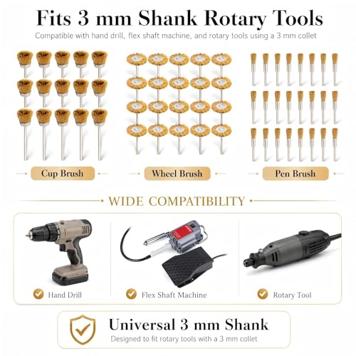 PHYHOO Brass Wire Brushes Cup Wheels Polish Cleaning Brush Kit Polishing Attachment Die Grinder Rotary Tools Accessories 3 MM Mandrel 60 Pieces