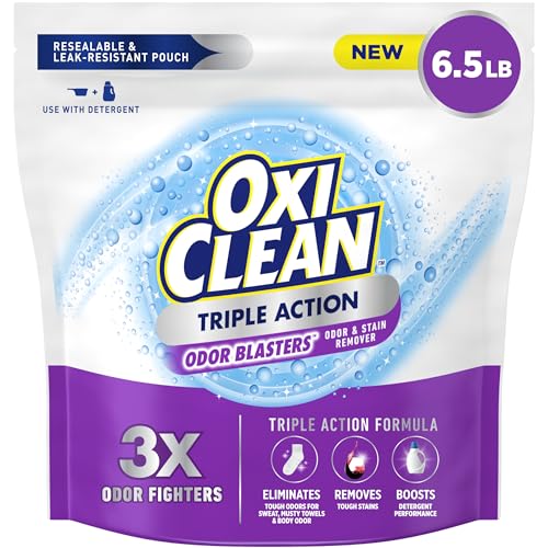 OxiClean Triple Action Odor Blasters Odor and Stain Remover Powder, Use with Detergent, Eliminates Tough Odors and Removes Stains, Color Safe and Chlorine Free, 6.5 lbs