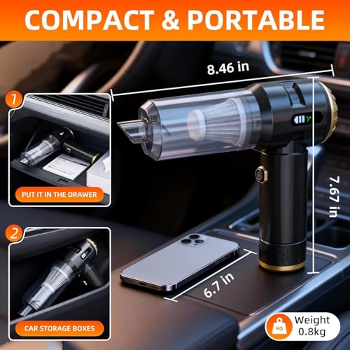 Melising Handheld Vacuum Cleaner Cordless, 23000Pa Powerful Car Mini Vacuum Cleaner, Rechargeable Portable Lightweight dust Catcher for Home Car Carpet Stairs Pet Hair Deep Cleaning（Black-Gold）.