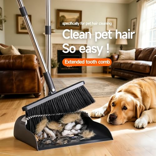 POPMOP Broom and Dustpan Set, 52" Long Handle Standing Broom with Dustpan Combo Set with Dust Pan Teeth to Clean Pet Hair, Easy Sweeping Suitable for Home Kitchen Office Lobby