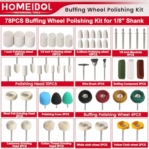 78PCS Buffing Wheel for Dremel Polishing Kit, HOMEIDOL 1/8" Shank Polishing Buffing Wheel for Dremel Tool Accessories with Buffing Compound, Abrasive Wheel Buffing Polishing Wire Brush Polishing Bits