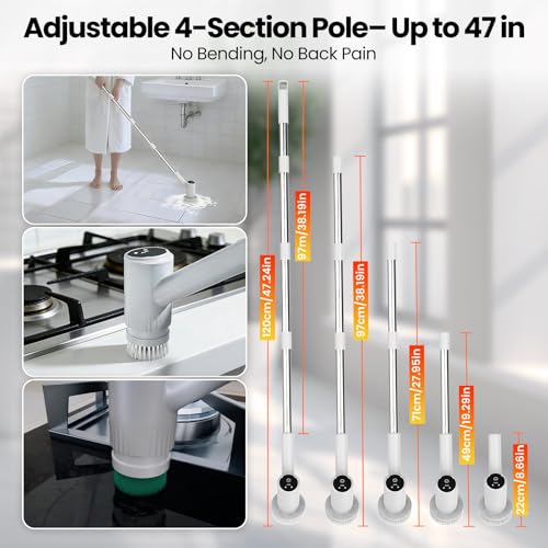 BOTLIFE Electric Spin Scrubber – 5-Hour Battery, 6 Brush Heads, No Bending with 47" Extendable Handle, Cordless Power Scrubber for Bathroom Shower Bathtub Tile Kitchen Floor
