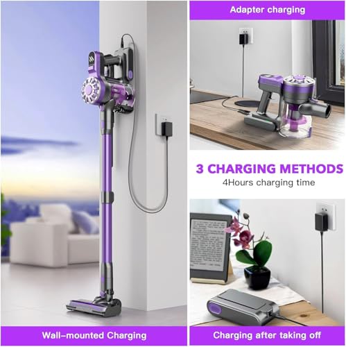 Cordless Vacuum Cleaner, 6 in 1 Lightweight Stick Vacuum with Rechargeable Battery, Handheld Conversion, LED Headlights & 180° Swivel Brush, for Hardwood Floor Carpet Pet Hair Stairs Car(Light Purple)