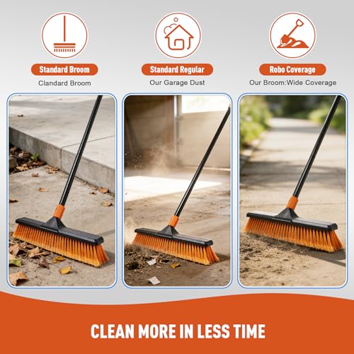 CLEANHOME 18" Push Broom Outdoor for Floor Cleaning with Extendable Long Handle, Stiff Bristle Heavy Duty Broom for Bathroom, Kitchen, Tub, Tile, Patio, Deck, Concrete, Industrial