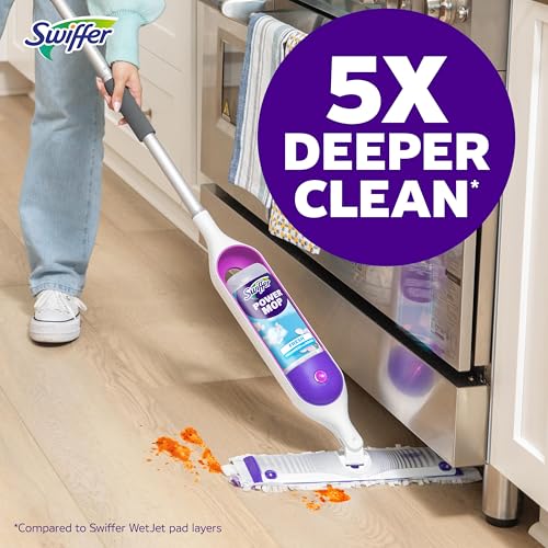 Swiffer PowerMop Mopping Kit for Floor Cleaning, Set Includes 1 Power Mop, 2 Replacement Pads, 1 Liquid Solution Refill, 2 Batteries, No Bucket Needed Electric Spray Cleaner, Multi-Surface and Wood